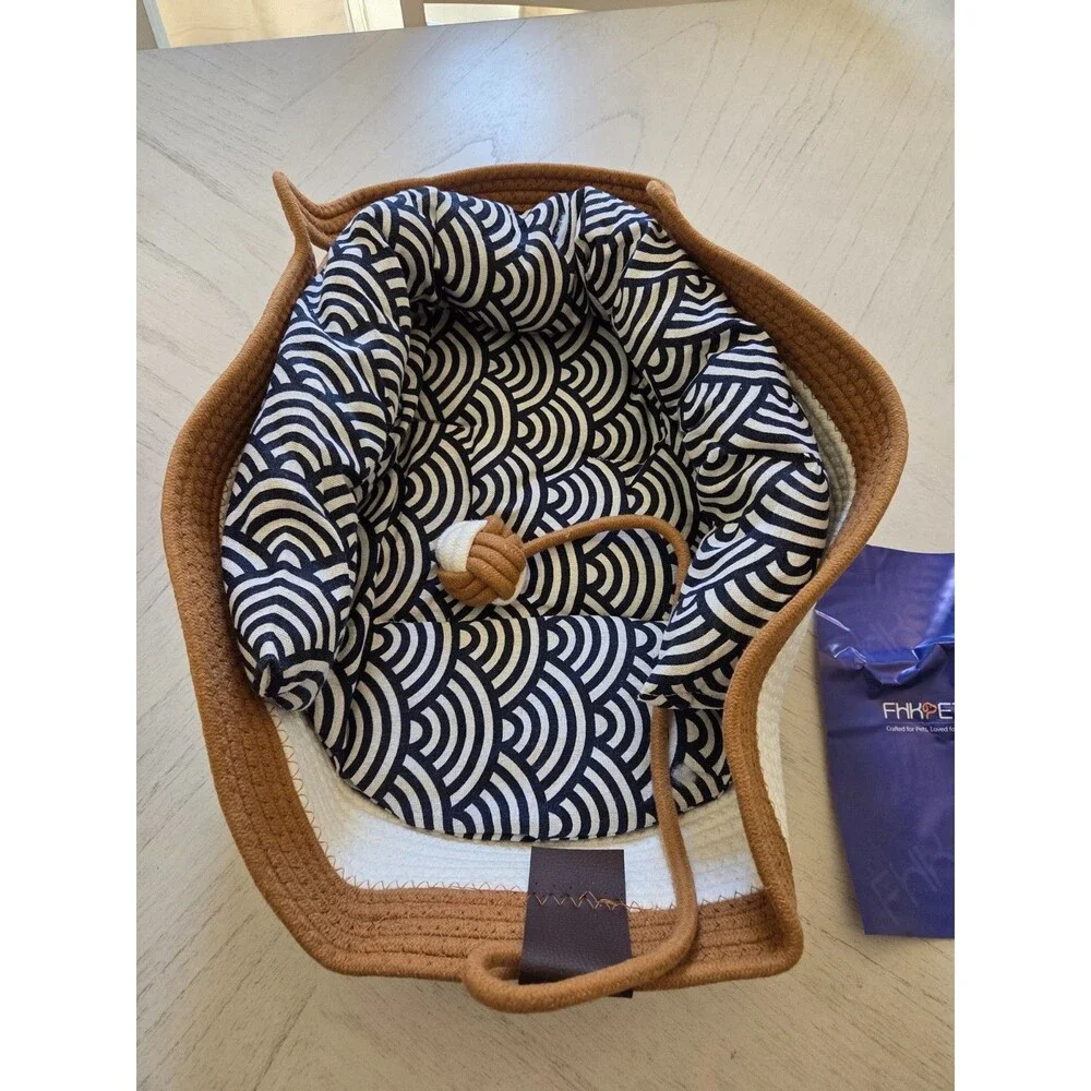 FHKPET Cotton Rope Cat Basket with Cushion - Large, Brown/Beige